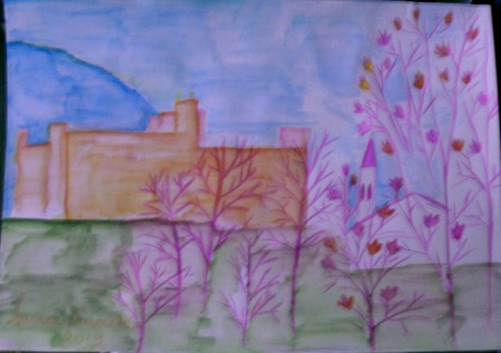 Il fiabesco apparire della Rocca a Spoleto. Disegno e pittura su carta, 2019. Matite acquerellabili.